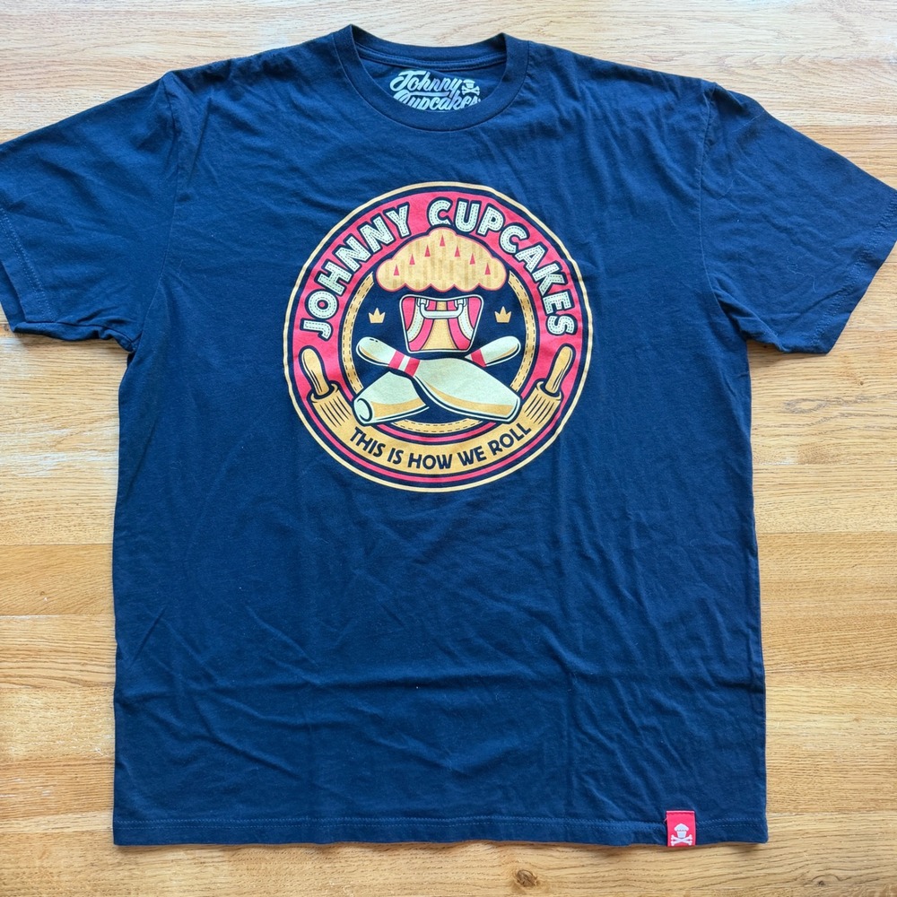 Johnny Cupcakes Mens XL Navy Blue This Is How We Roll Bowling Graphic T-Shirt